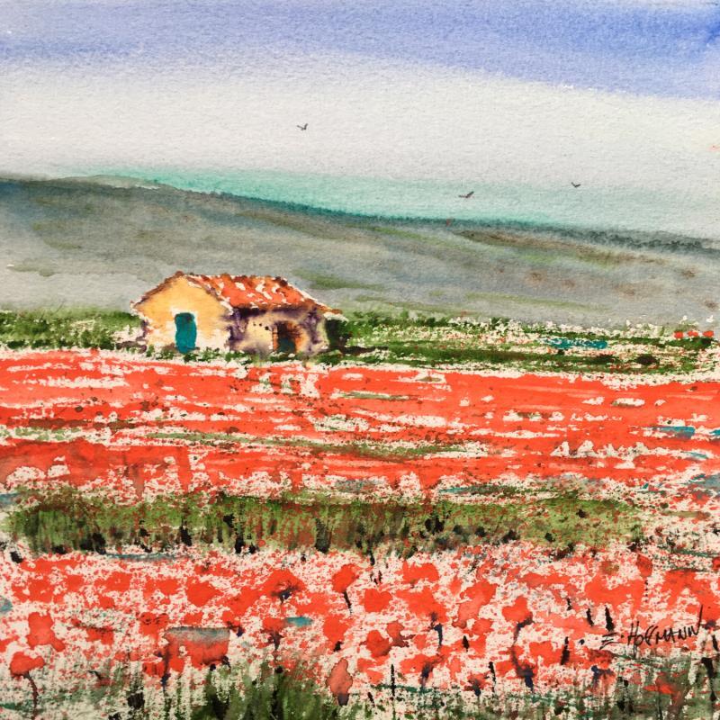 Gemälde Perdue dans les coquelicots  von Hoffmann Elisabeth | Gemälde Figurativ Landschaften Natur Aquarell