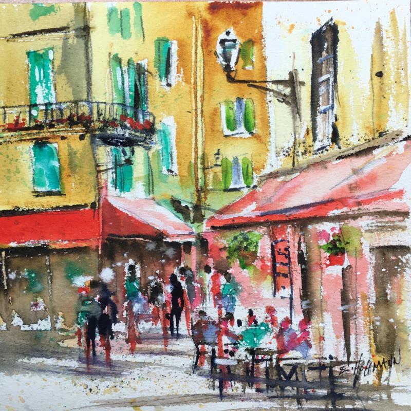 Gemälde En terrasse  von Hoffmann Elisabeth | Gemälde Figurativ Urban Aquarell