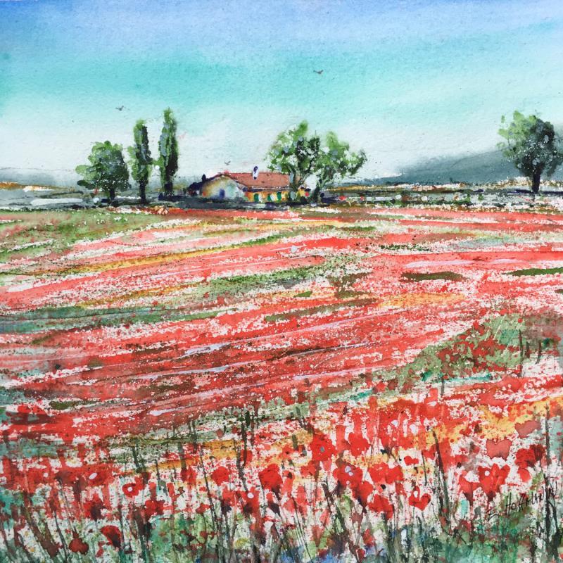 Painting Le domaine des coquelicots  by Hoffmann Elisabeth | Painting Figurative Watercolor Landscapes, Nature