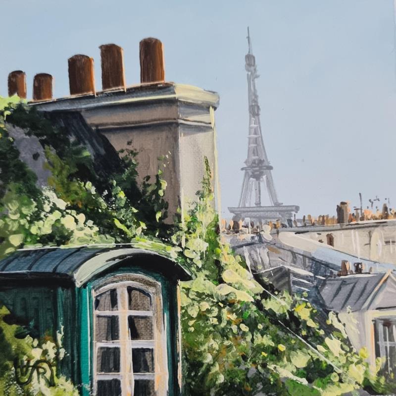 Painting Green look at the tower by Rasa | Painting Figurative Acrylic Urban