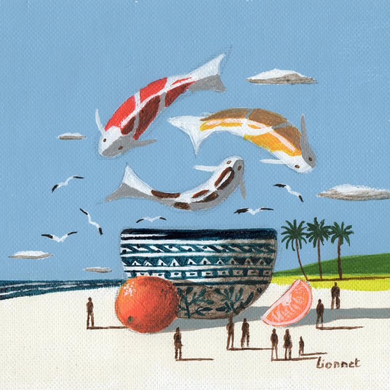 Peinture Carpes sur la plage par Lionnet Pascal | Tableau Surréalisme Acrylique Animaux, Marine, Scènes de vie