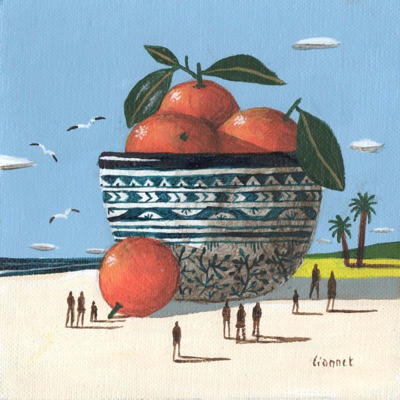 Gemälde Oranges sur la plage von Lionnet Pascal | Gemälde Surrealismus Acryl Alltagsszenen, Marine, Stillleben