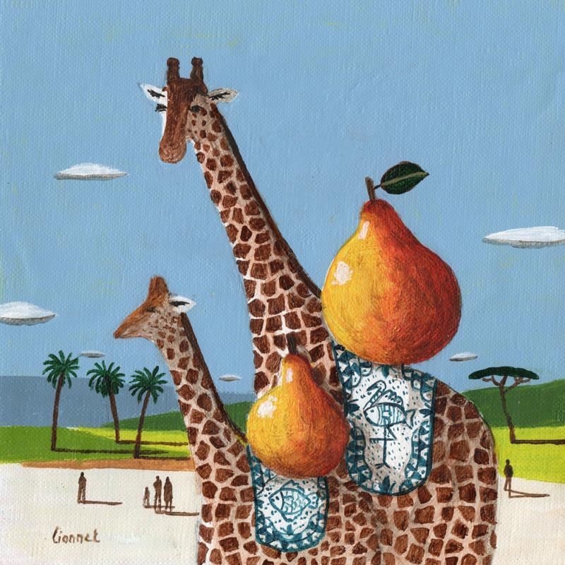 Peinture Girafes aux poires par Lionnet Pascal | Tableau Surréalisme Paysages Scènes de vie Animaux Acrylique