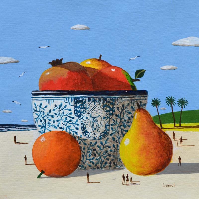 Peinture Fruits sur la plage par Lionnet Pascal | Tableau Surréalisme Marine Scènes de vie Natures mortes Acrylique