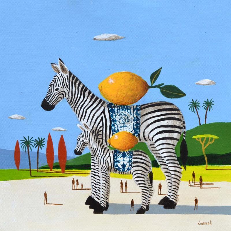 Peinture  Zèbres aux citrons par Lionnet Pascal | Tableau Surréalisme Paysages Scènes de vie Animaux Acrylique