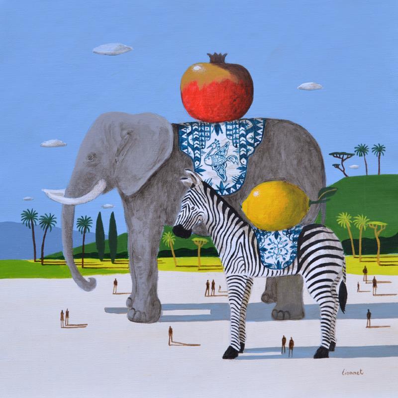 Painting éléphant et zèbre by Lionnet Pascal | Painting