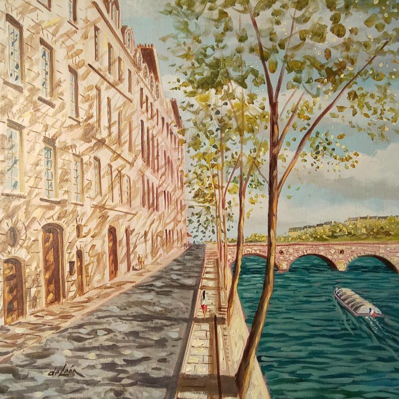 Peinture Promenade Île Saint Louis par De León Lévi Marcelo | Tableau Figuratif Urbain Aquarelle