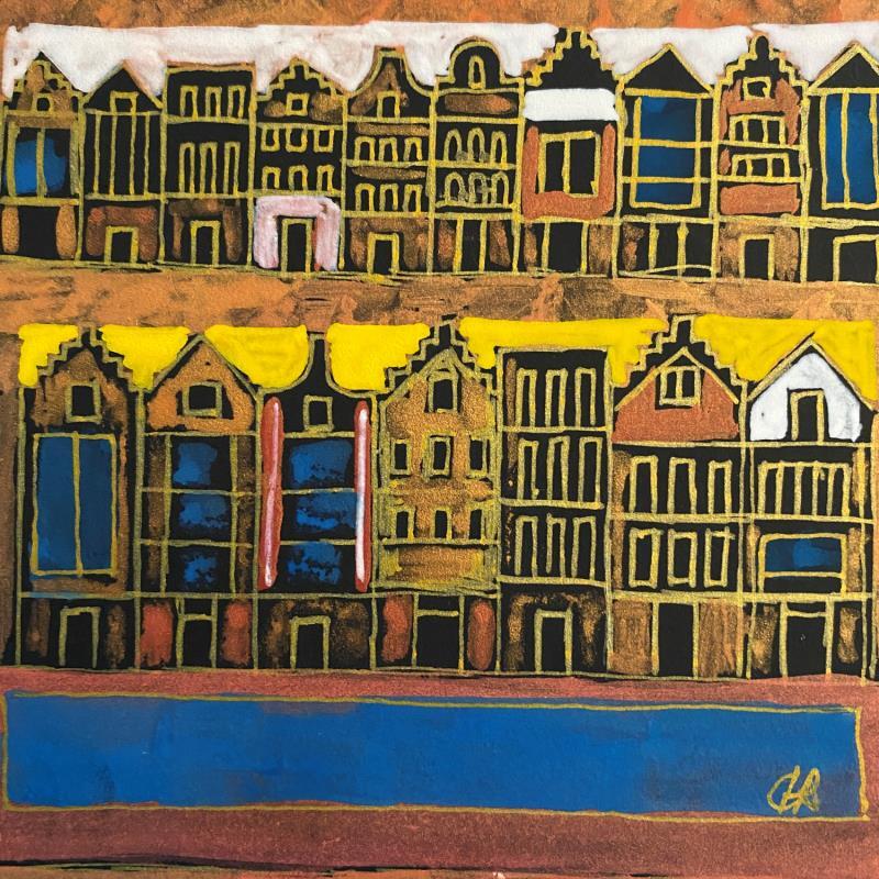 Gemälde HR 1378 blue line von Ragas Huub | Gemälde Art brut Gouache Architektur