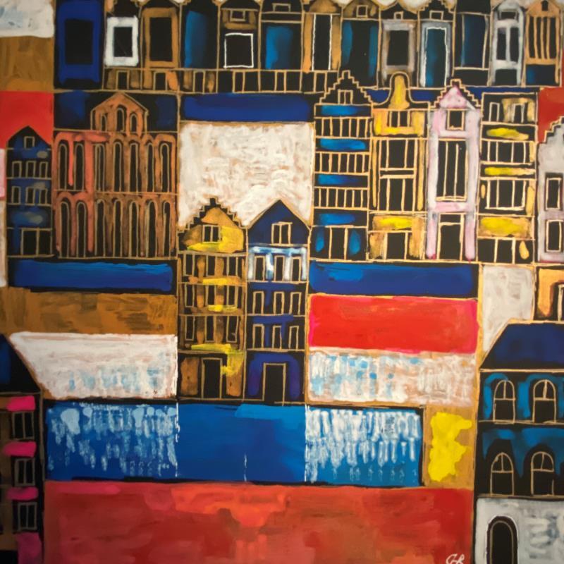 Peinture HR 1385 blue red white par Ragas Huub | Tableau Art Singulier Gouache Architecture