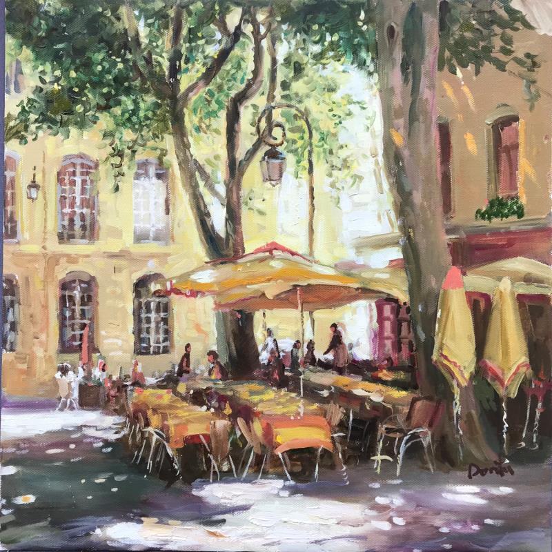 Peinture  Café de la place en été par Dontu Grigore | Tableau Figuratif Urbain Huile