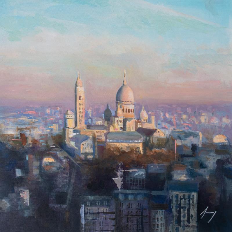 Peinture Lever de soleil sur Montmartre par Jung François | Tableau Figuratif Paysages Urbain Huile