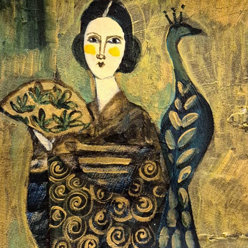 Gemälde Lady wth peacock von Sundblad Silvina | Gemälde Figurativ Acryl Pastell