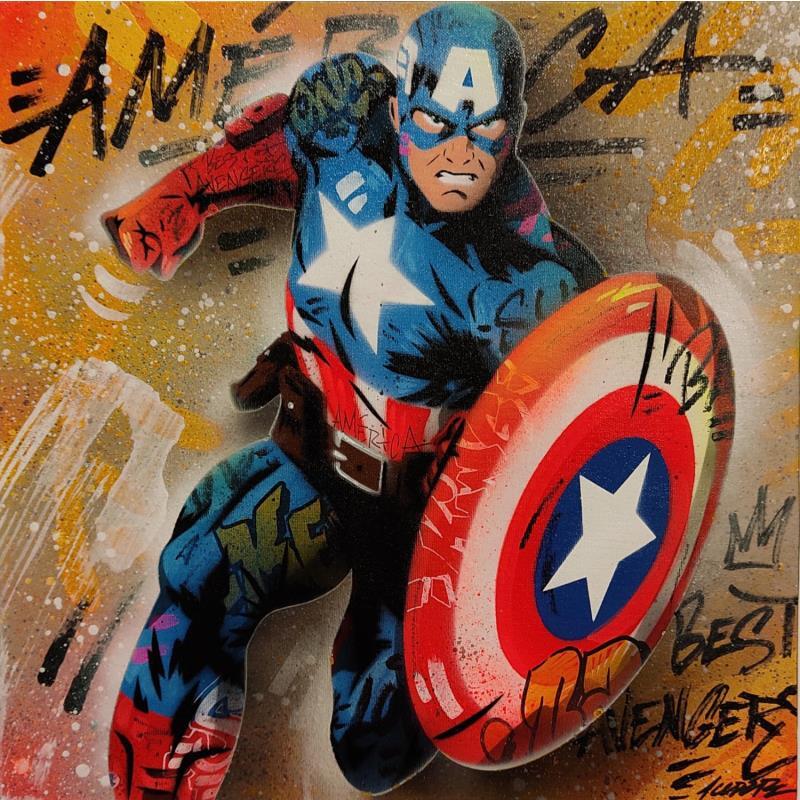 Gemälde Captain America von Kedarone | Gemälde Pop-Art Pop-Ikonen Graffiti Acryl