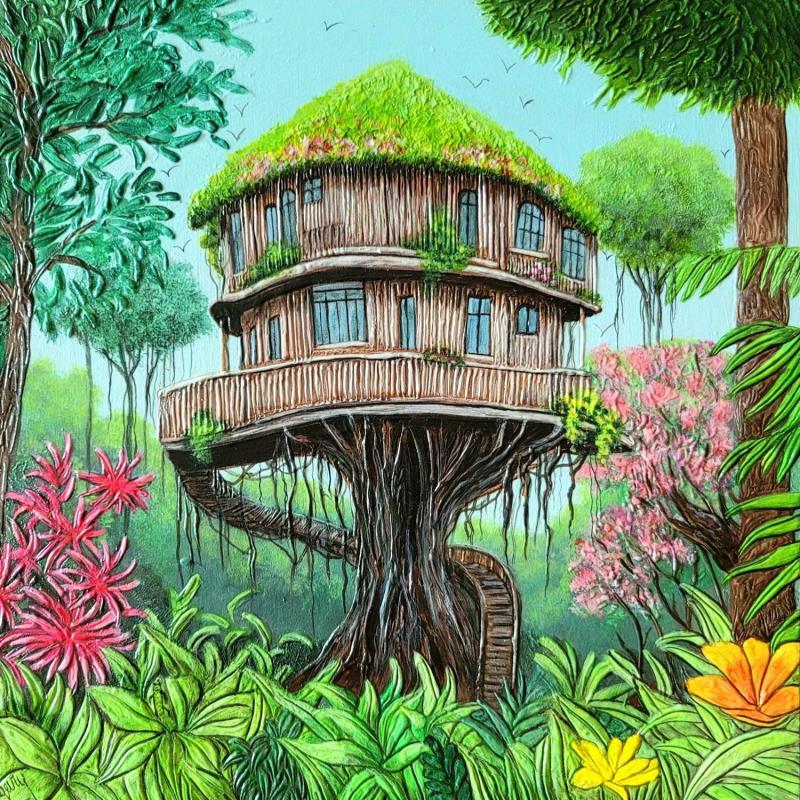 Painting Treehouse lodge by Geiry | Painting Subject matter Landscapes Nature Minimalist Acrylic Pigments Marble powder