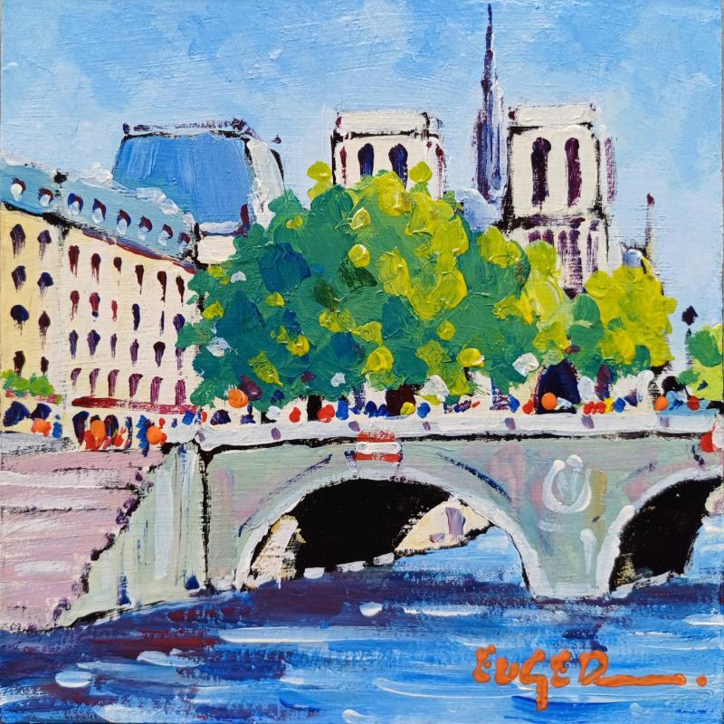 Painting LA SEINE PRES DE LA CATHEDRALE DE PARIS by Euger | Painting Figurative Acrylic Landscapes, Life style, Urban