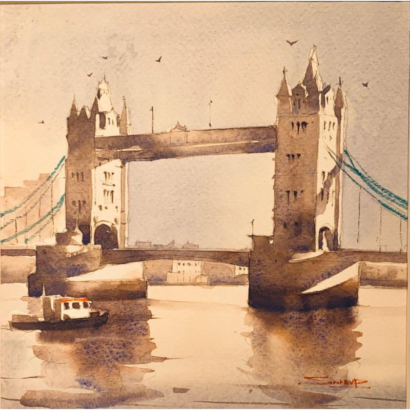 Gemälde Tower bridge on the Thames, London von Dandapat Swarup | Gemälde Figurativ Urban Aquarell