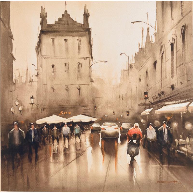 Peinture Morning traffic near London Bridge Tube par Dandapat Swarup | Tableau Figuratif Urbain Aquarelle