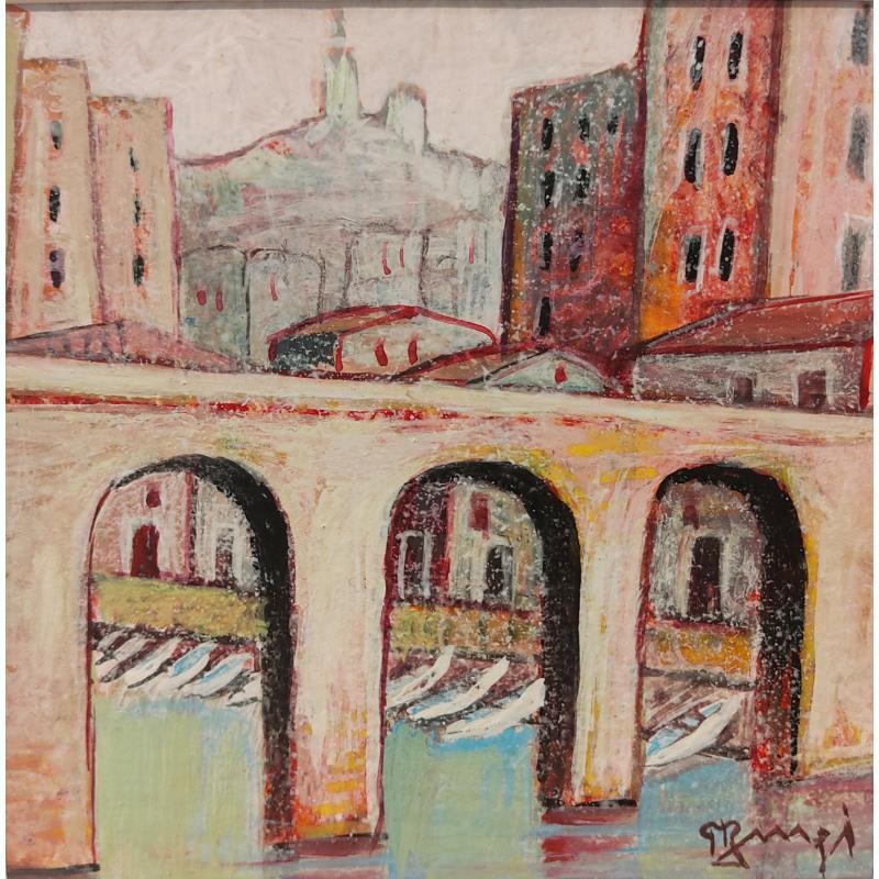 Painting Le pont du Vallon AQ55 by Burgi Roger | Painting Figurative Acrylic, Cardboard Architecture, Landscapes