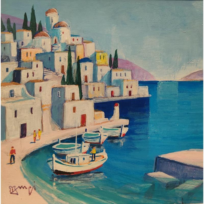 Peinture Petit port Grec 2 AQ122 par Burgi Roger | Tableau Figuratif Paysages Marine Acrylique