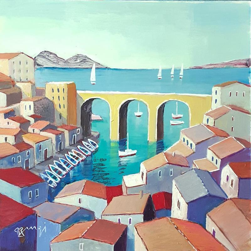 Painting LES TOITS DU VALLON 2 by Burgi Roger | Painting Figurative Acrylic Architecture, Marine, Urban