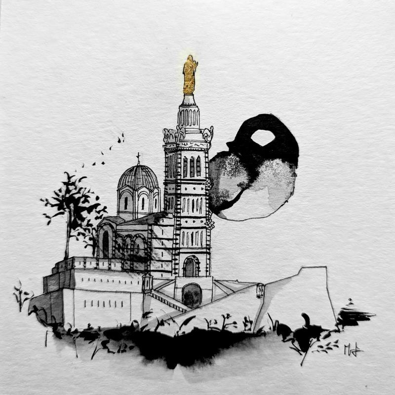 Peinture Dame en or par Mü | Tableau Figuratif Encre, Feuille d'or Animaux, Architecture, Noir & blanc