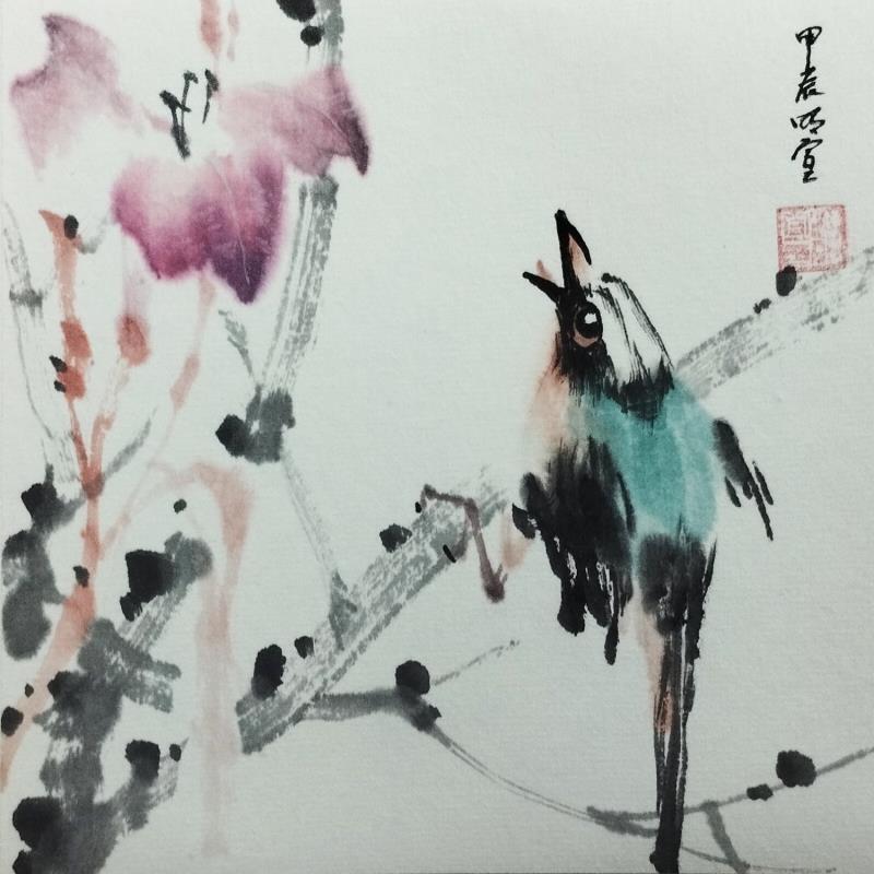 Painting Blue bird and flowers by Du Mingxuan | Painting Figurative Ink, Watercolor Animals