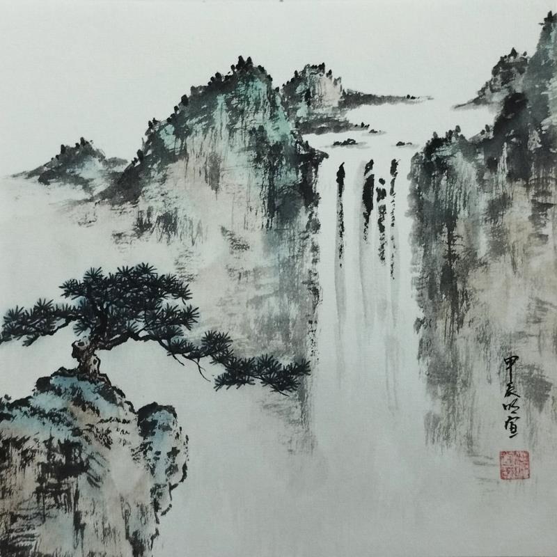 Painting Pine tree and waterfall by Du Mingxuan | Painting Figurative Nature Watercolor Ink