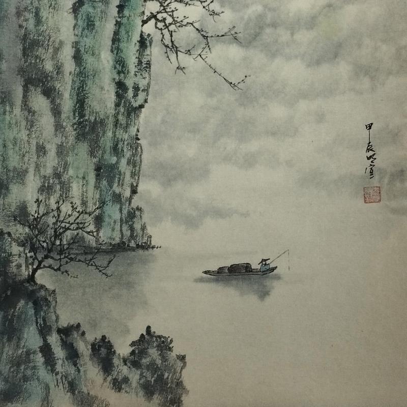 Painting Fisherman under cliff by Du Mingxuan | Painting Figurative Nature Watercolor Ink