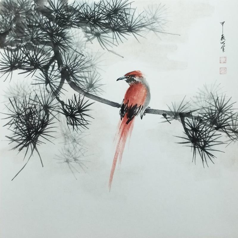 Peinture Amur paradise flycatcher par Du Mingxuan | Tableau Figuratif Animaux Aquarelle Encre