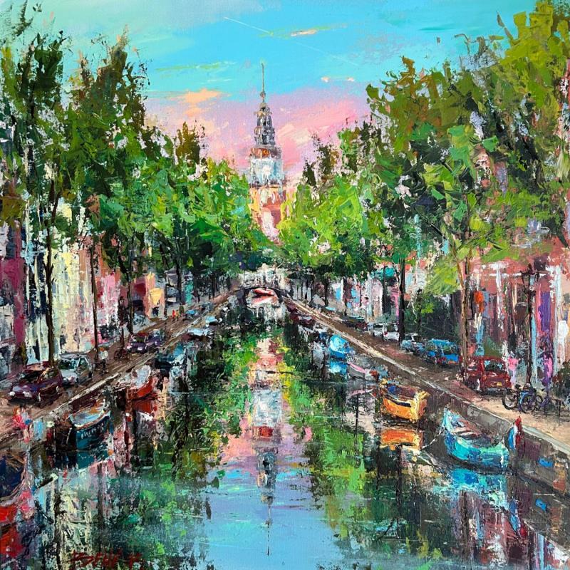 Painting Sunset silhouettes of Zuiderkerk by Rodrigues Bené | Painting Figurative Acrylic Urban