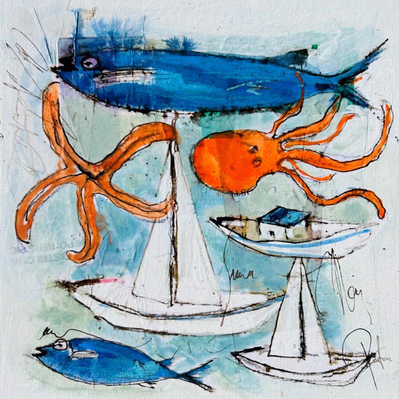 Gemälde Poulpe étoile von Colombo Cécile | Gemälde Naive Kunst Marine Alltagsszenen Tiere Aquarell Acryl Collage Tinte Pastell