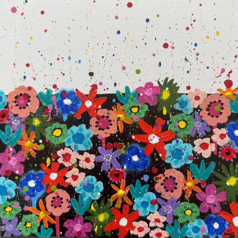 Gemälde HAPPY FLOWERS von Mam | Gemälde Pop-Art Natur Stillleben Schwarz & Weiß Acryl