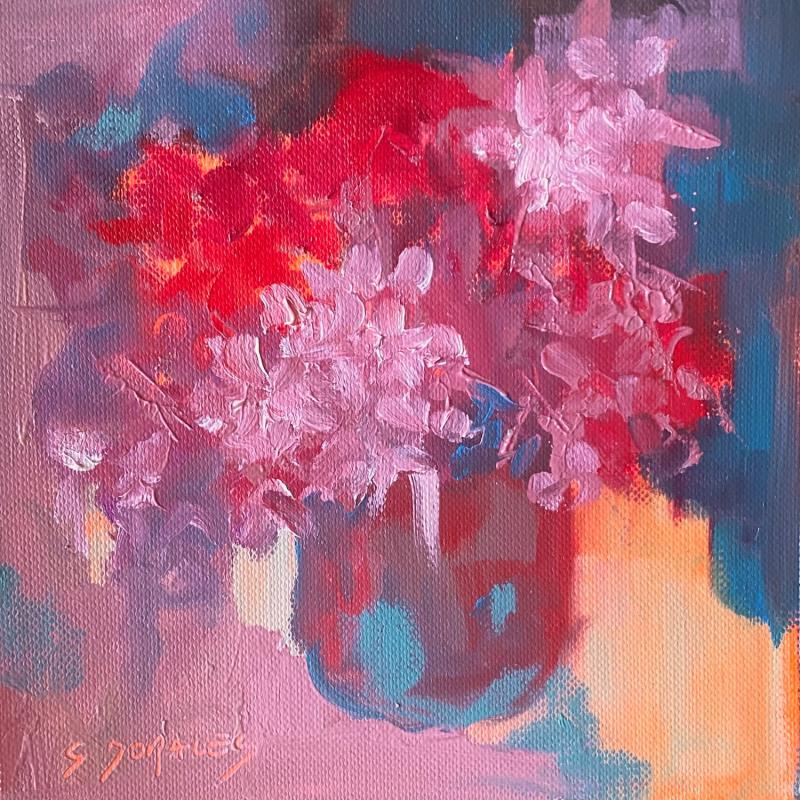 Painting Bouquet rouge by Morales Géraldine | Painting Figurative Still-life Oil