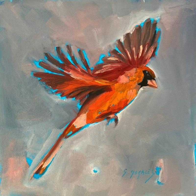 Painting Cardinal rouge by Morales Géraldine | Painting Figurative Animals Oil