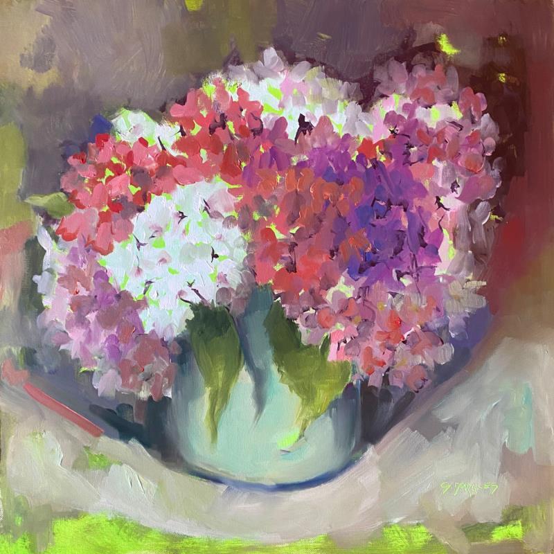 Peinture Bouquet hortensias tricolore par Morales Géraldine | Tableau Figuratif Natures mortes Huile