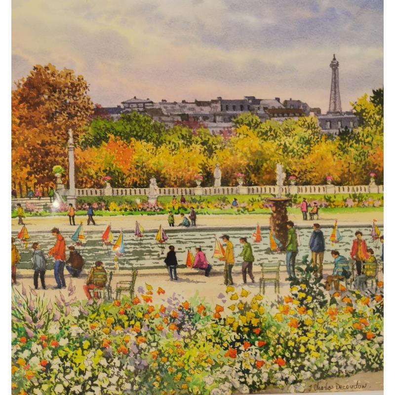 Peinture La Tour Eiffel, vue des jardins du Luxembourg par Decoudun Jean charles | Tableau Figuratif Aquarelle Urbain