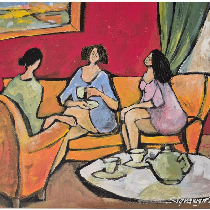 Painting Le thé des copines by Signamarcheix Bernard | Painting Naive art Acrylic Ink Pastel