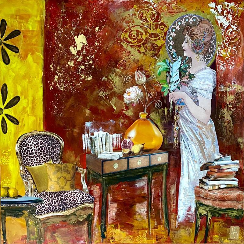 Painting Le plaisir des mots by Romanelli Karine | Painting Figurative Acrylic, Gluing, Gold leaf, Paper, Pastel, Posca Life style