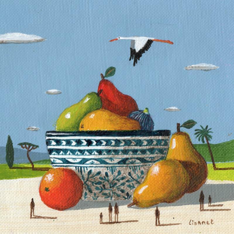 Gemälde  Fruits et cigogne von Lionnet Pascal | Gemälde Surrealismus Landschaften Alltagsszenen Tiere Acryl