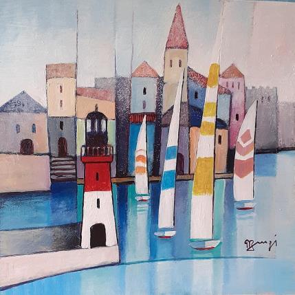 Painting AQ154 PHARE ET VOILES by Burgi Roger | Painting Figurative Acrylic Architecture, Landscapes, Marine