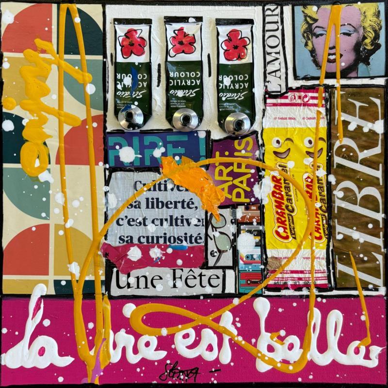 Peinture La vie est belle ! (enjoy) par Costa Sophie | Tableau Pop-art Acrylique Collage Upcycling