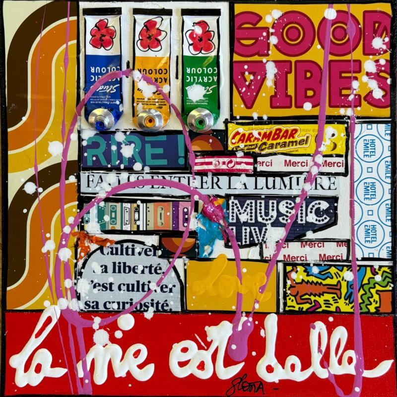 Gemälde La vie est belle ! (good vibes) von Costa Sophie | Gemälde Pop-Art Acryl Collage Upcycling