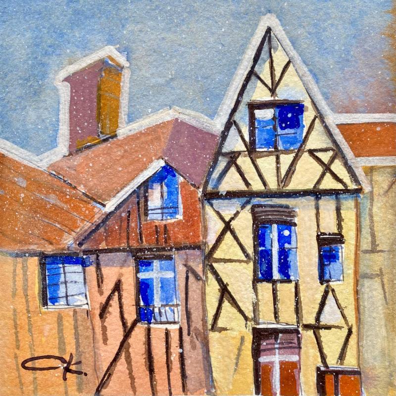 Gemälde Carte postale de Bourges 01 von Korneeva Olga | Gemälde Naive Kunst Landschaften Natur Architektur Aquarell