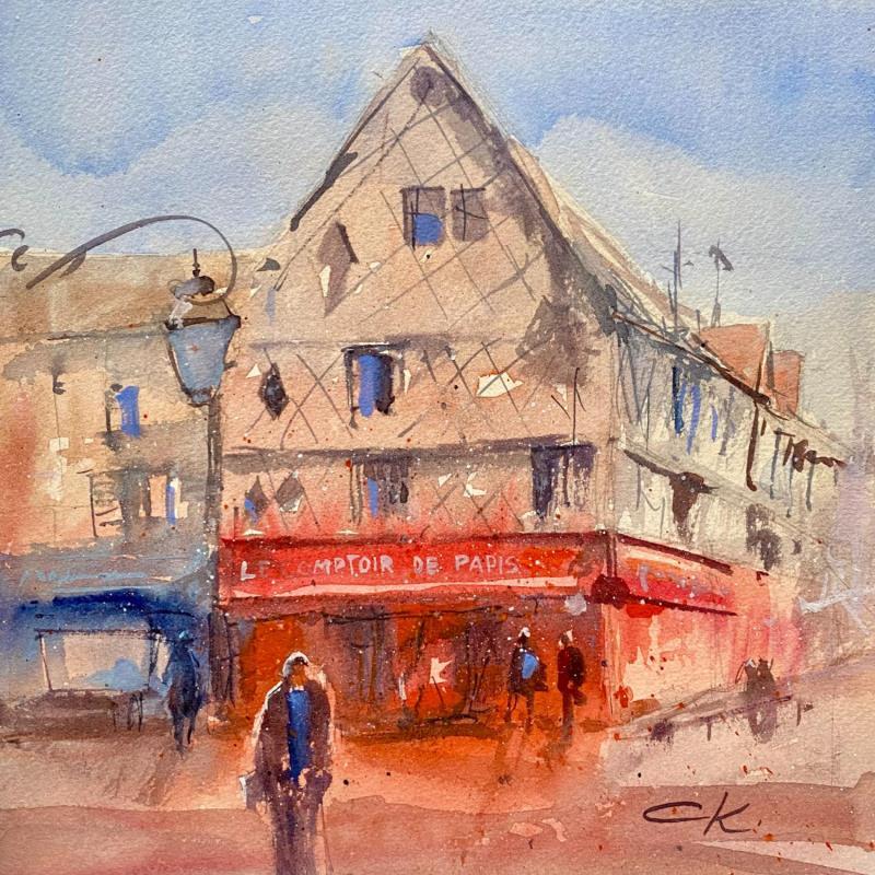 Painting Comptoir de Paris Bourges by Korneeva Olga | Painting Impressionism Watercolor Architecture, Society, Urban