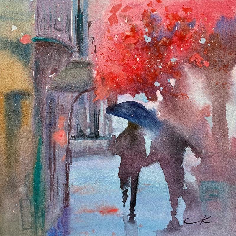 Painting Rain in Brussels by Korneeva Olga | Painting Impressionism Society Urban Architecture Watercolor Oil