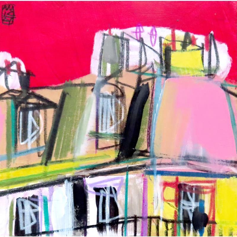 Painting Dehors un ciel carmin by Anicet Olivier | Painting Figurative Urban Architecture Acrylic Pastel