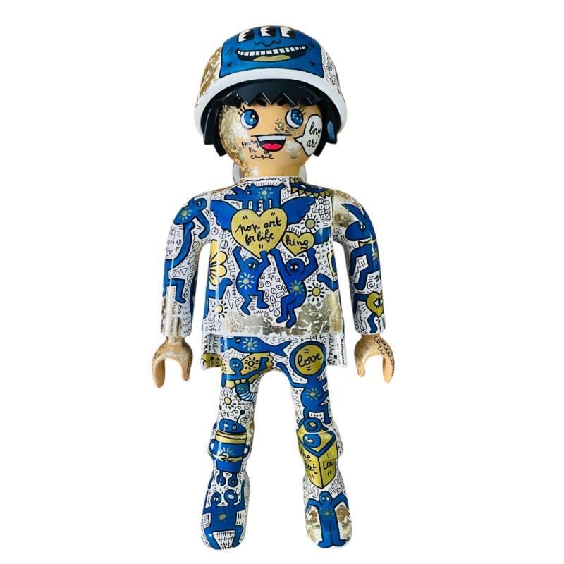 Sculpture PLAYMOBIL XXL KEITH HARING Bleu 63cm by Frany La Chipie | Sculpture Pop-art Pop icons Graffiti Posca