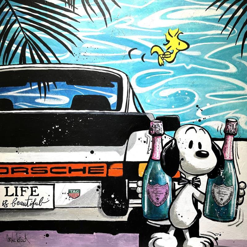 Gemälde Snoopy, life is beautiful in a Porsche 911 von Cornée Patrick | Gemälde Pop-Art Graffiti, Öl Alltagsszenen, Kino, Pop-Ikonen