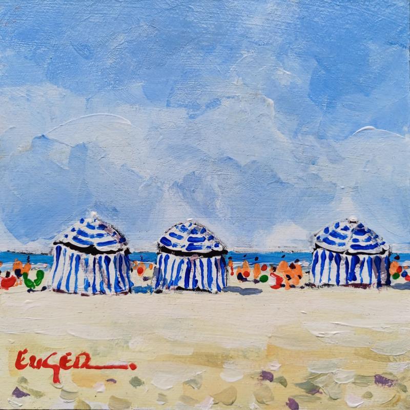 Painting PARASOLS A CABOURG by Euger | Painting Figurative Acrylic Landscapes, Life style, Marine