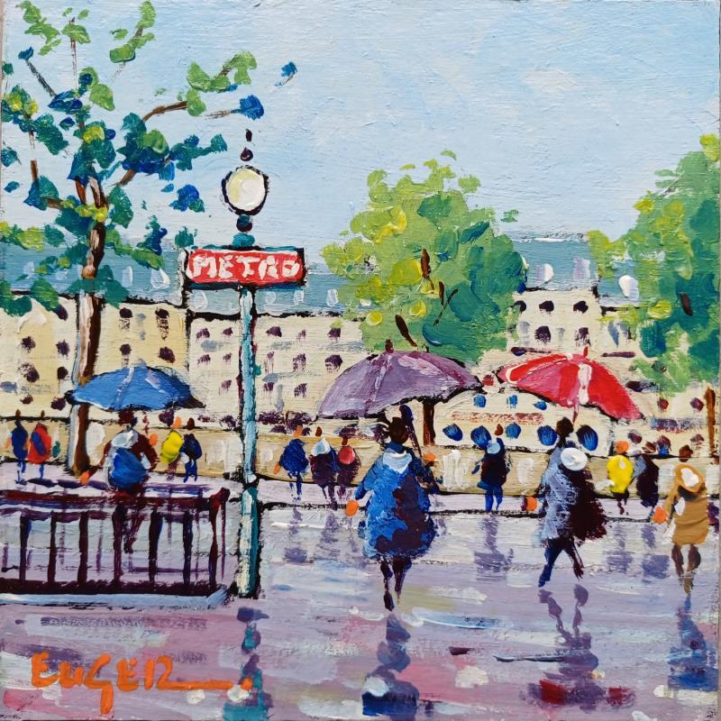 Peinture PLUIE SUR LES QUAIS A PARIS par Euger | Tableau Figuratif Société Urbain Scènes de vie Acrylique